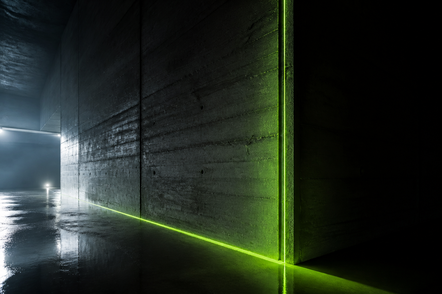 Sealed concrete joint with neon lime technical lighting